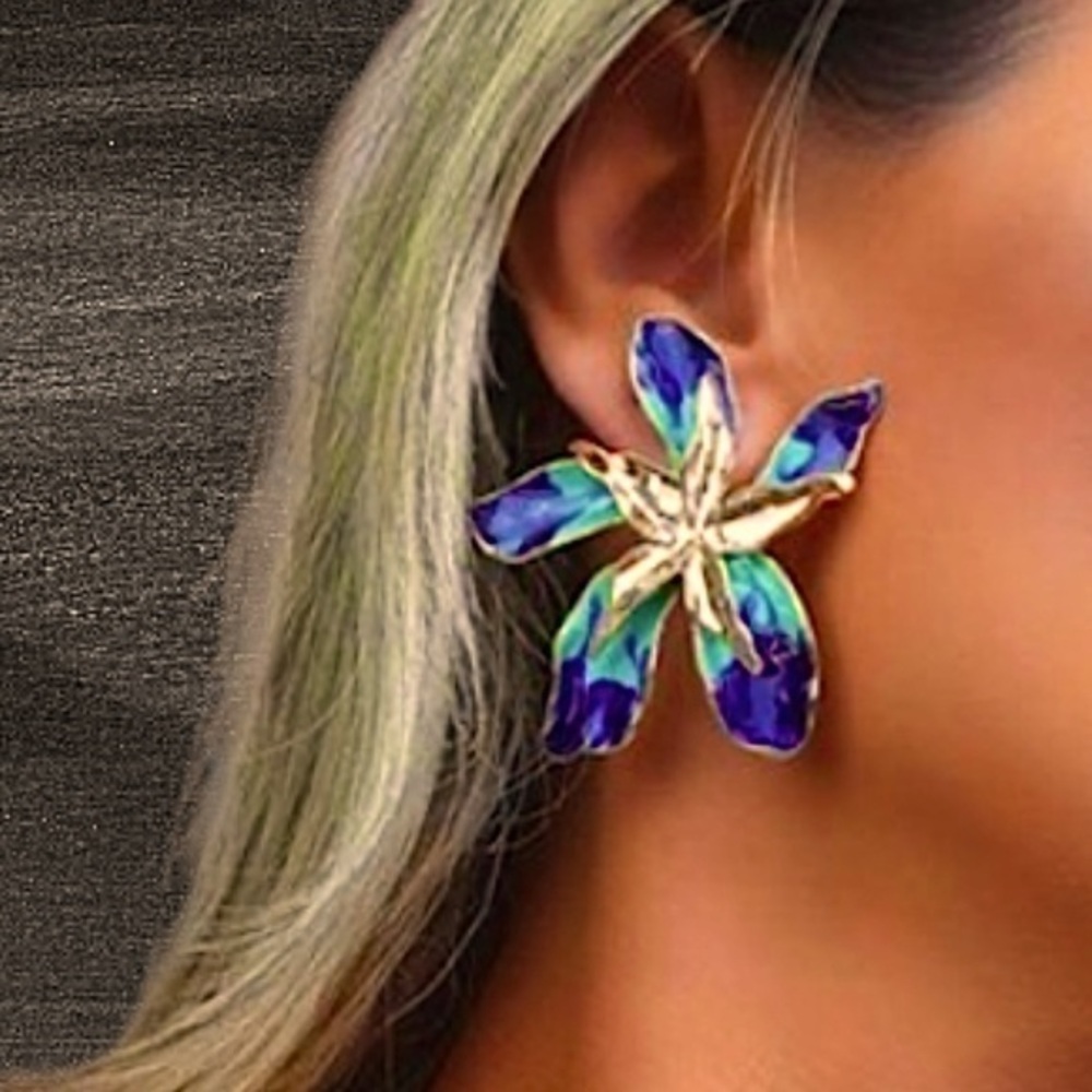 NEW ~ Anthropologie Turquoise & Blue hand-painted Oversized Flower Earrings